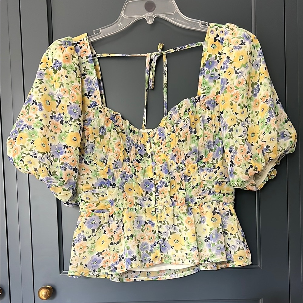 Astr Floral Puff Sleeve Blouse in Yellow and Purple